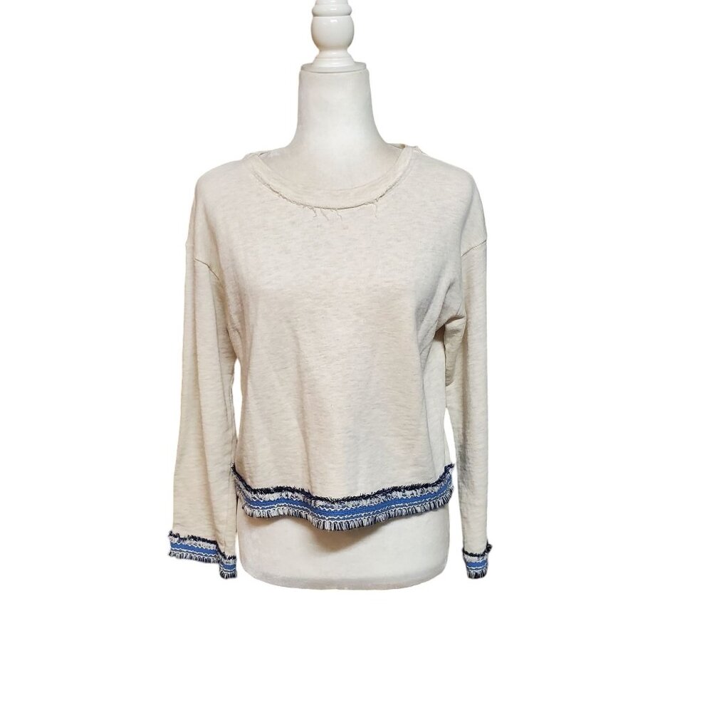 Mango Denim & Tees Women's Cropped Sweater Size Small Beige With Blue Fringe Tri